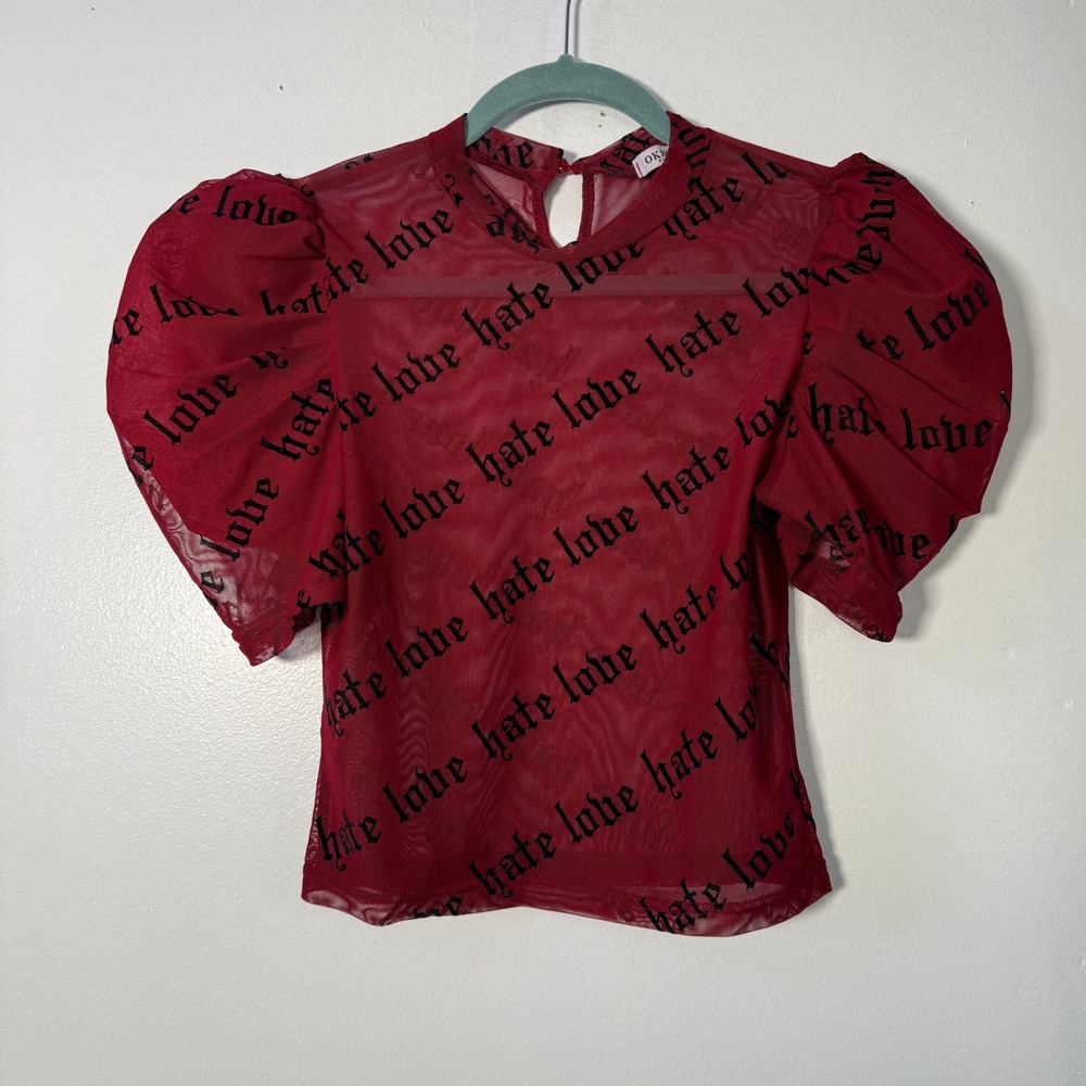 Goth Red Mesh Love Hate Puff Sleeve Mock Neck Top Small